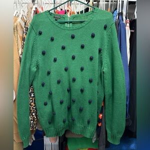 Talbots Green Crewneck Sweater with Navy Pom-Poms